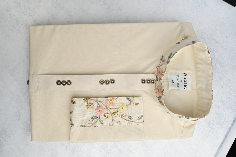 Creamy Beige Panjabi with Floral Embroidery